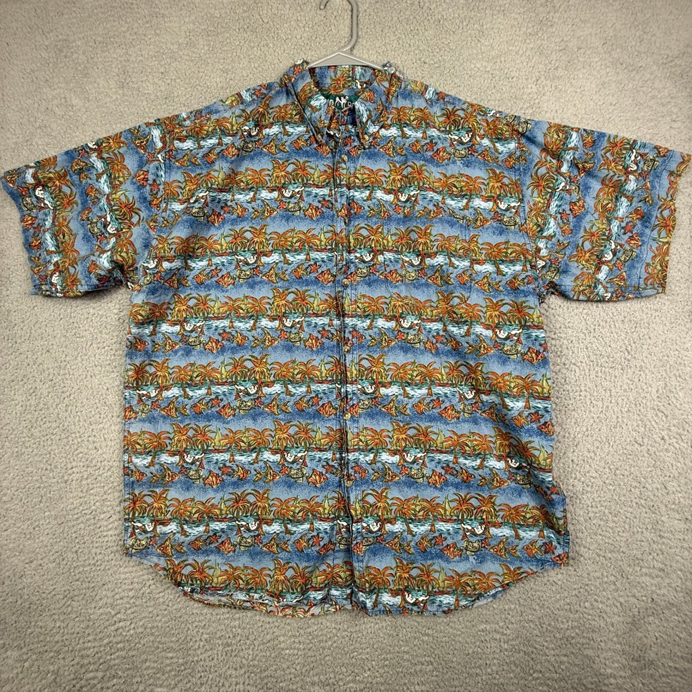 BIG‎ DOGS Tropical Palm Tree Fish Aloha Button Up Shirt Men's Large